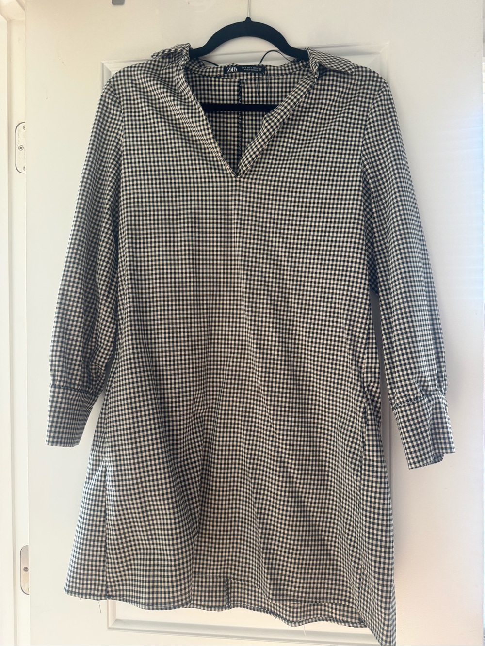 Zara Black and White Gingham Long Sleeve Shirt Dress